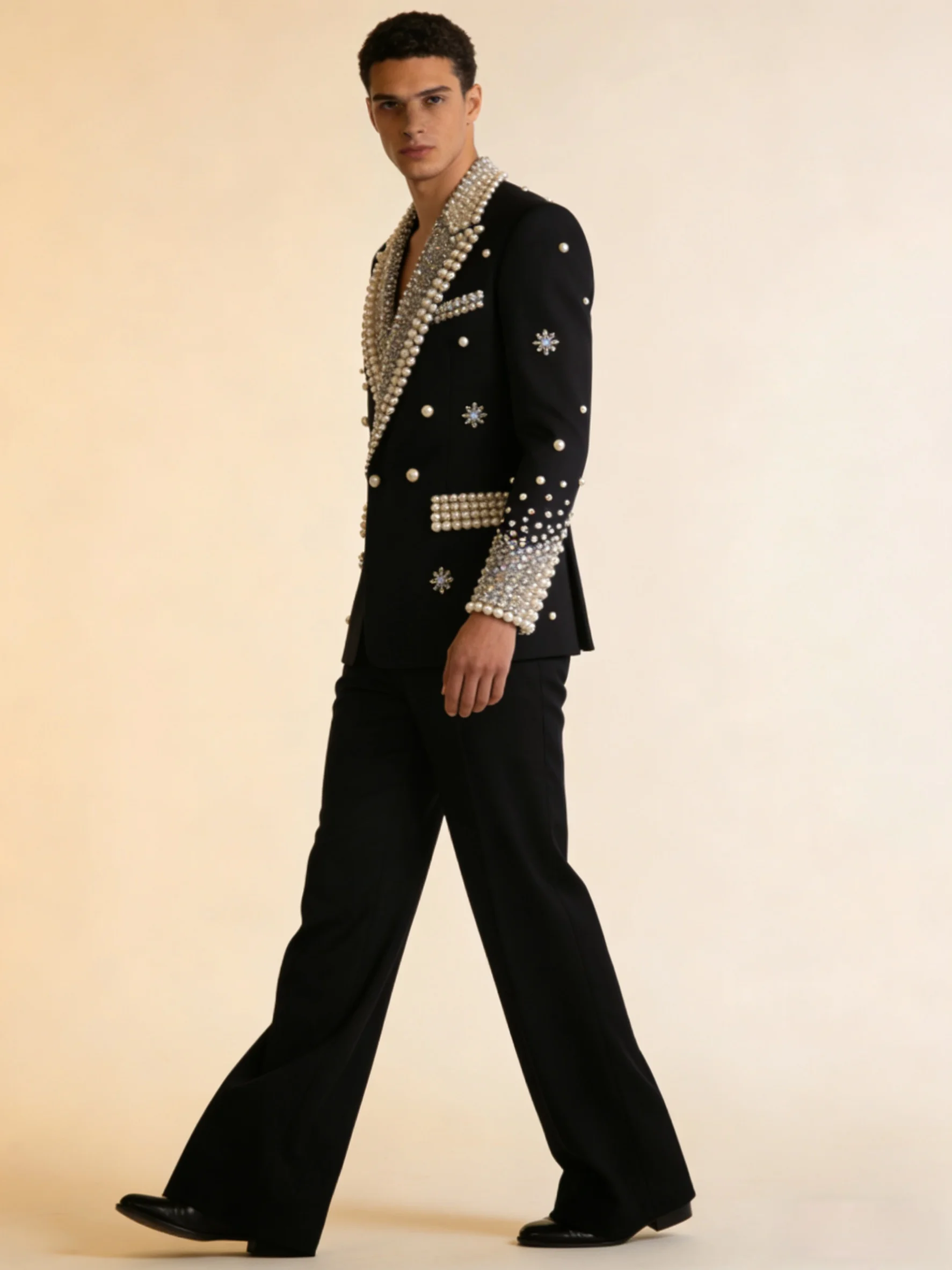 

Luxury Pearls Black Men Suit Set 2 Pcs Blazer+Pants Trousers Wedding Tuxedos Formal Office Business Jacket Coat Customized