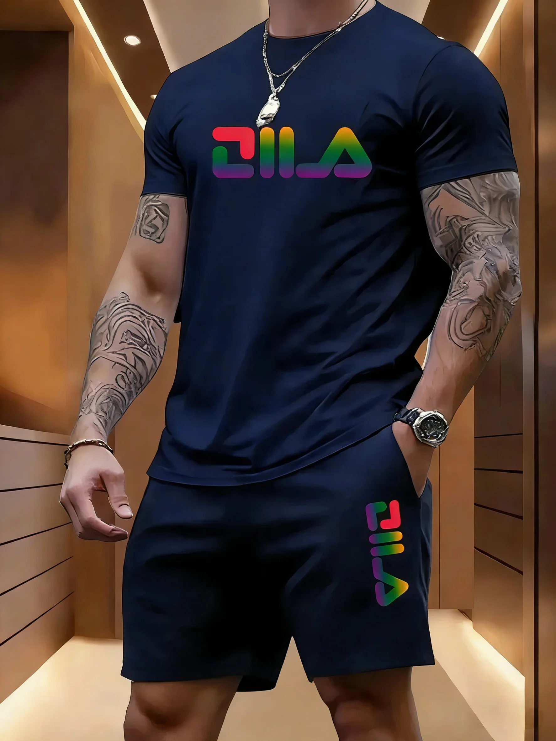Summer men's T-shirt short sleeved set, fashionable and popular sports fitness running short sleeved set, men's mesh short sleev