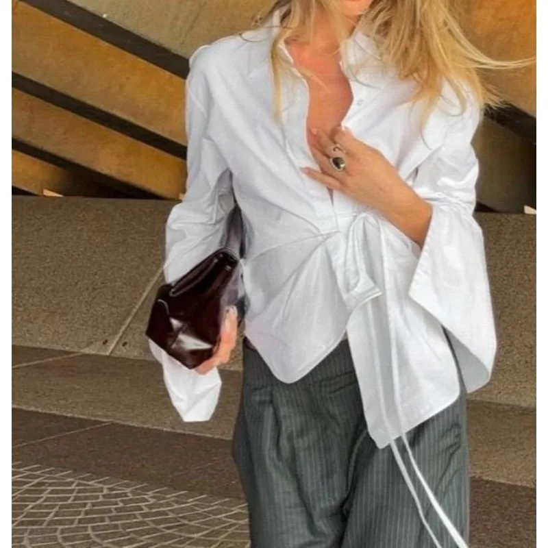 

White Design Shirt Women's European and American Long Sleeve Irregular Pure Cotton 20206 Autumn New Shirt Women's Shirt
