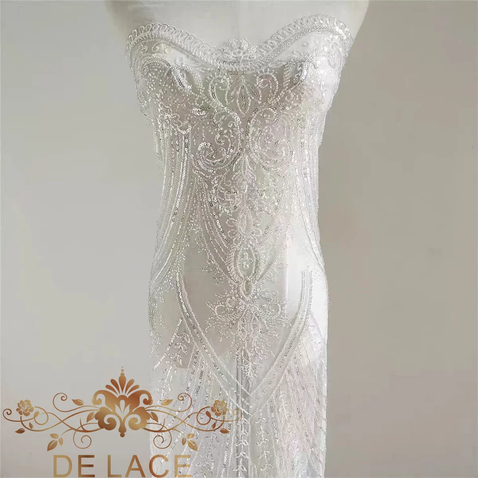 JZQ Luxury Heavy Beaded Lace Shining Sequins Fabric Elegant French Lace Fabric Modern Mesh for Wedding Dresses