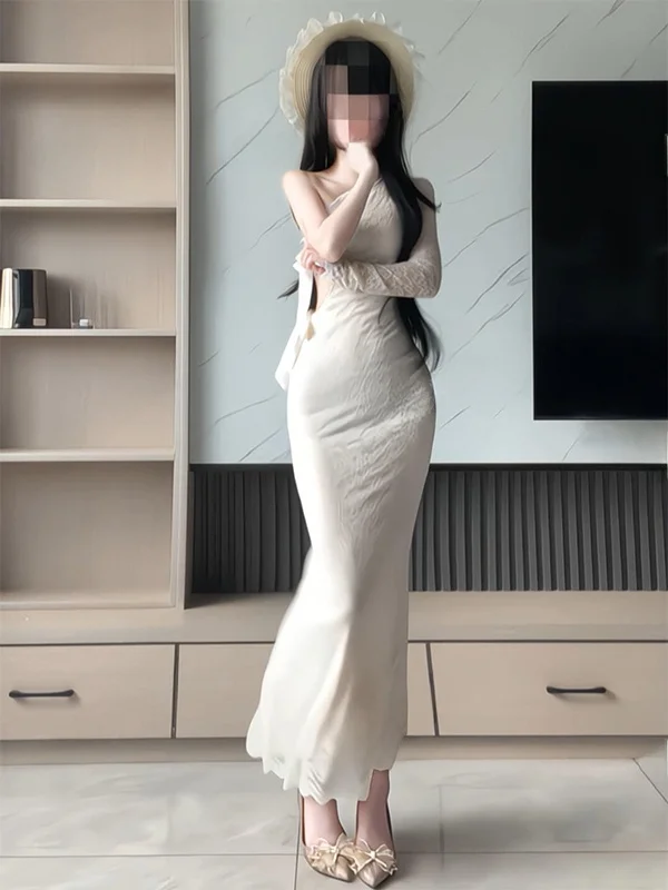 

Элегантное кружевное платье с узлом и вырезами, длинное, женское, осеннее, с завышенной талией, облегающее, с открытыми плечами, во французском стиле, чистое и изысканное.