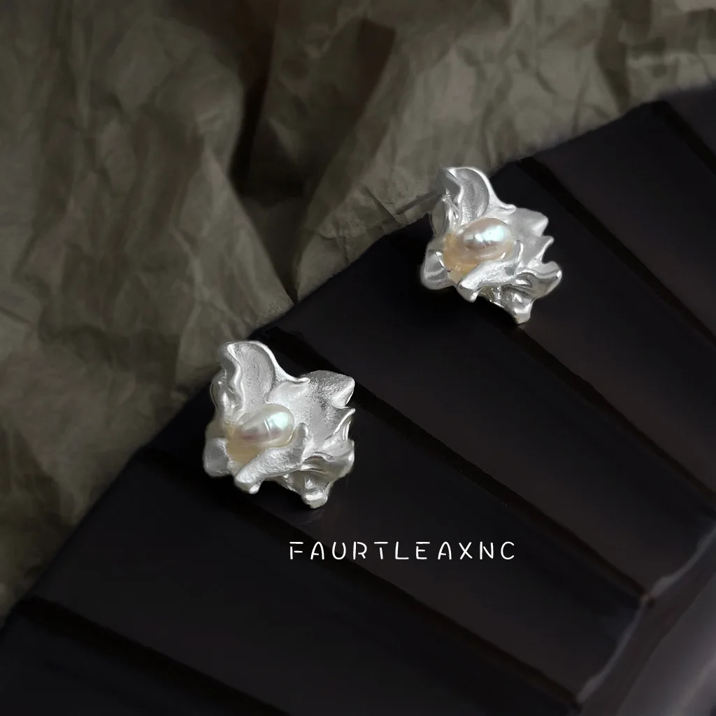 Misty rain niche design exaggerated irregular freshwater pearl liquid silver color personality new earrings factory stud earring