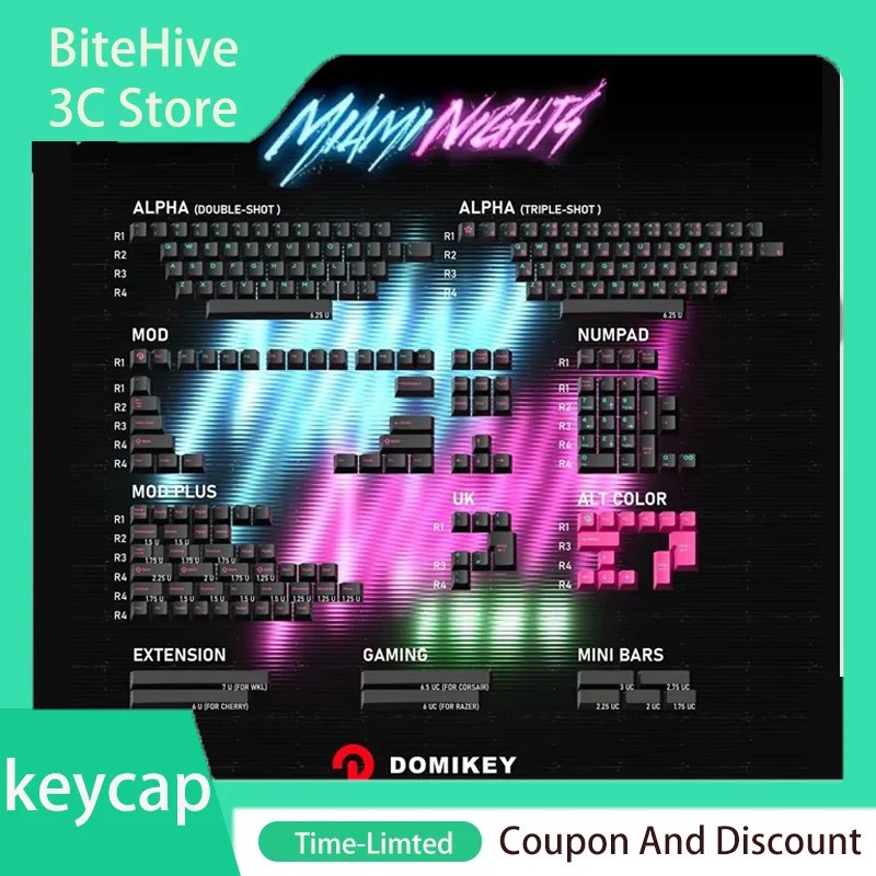 Domikey Miami Night Cherry Profile ABS Triple Shot Japanese Front Keycap 141 Keys Type-C PS/2 USB Bluetooth for Mx Keyboard
