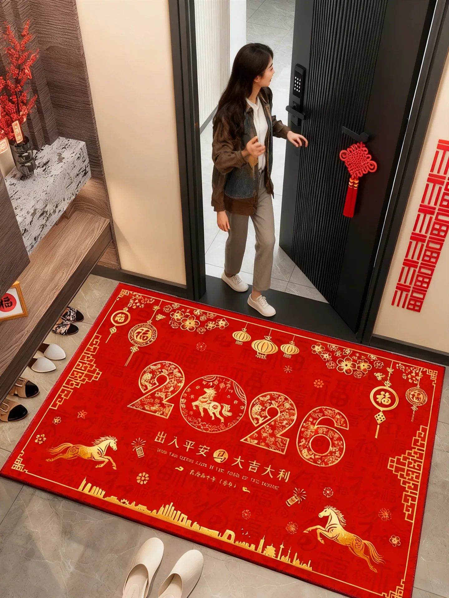 

Новогодний входной коврик, китайский противоскользящий ковер-ловушка для грязи, праздничный узор, домашний декор, прямоугольное полиэфирное волокно