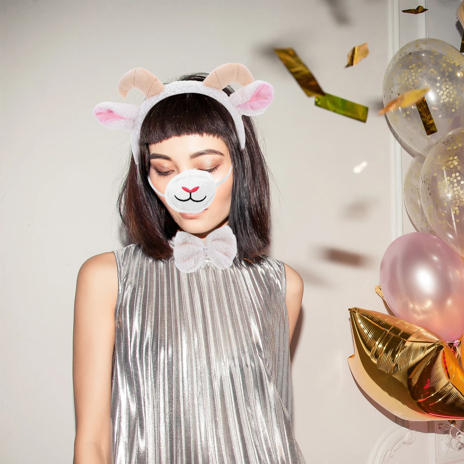 

1 Set Costume Set: Goat Ears Headband White Tail Bowtie Nose Piece Lamb Ear Headband Tail Kit For Halloween Easter
