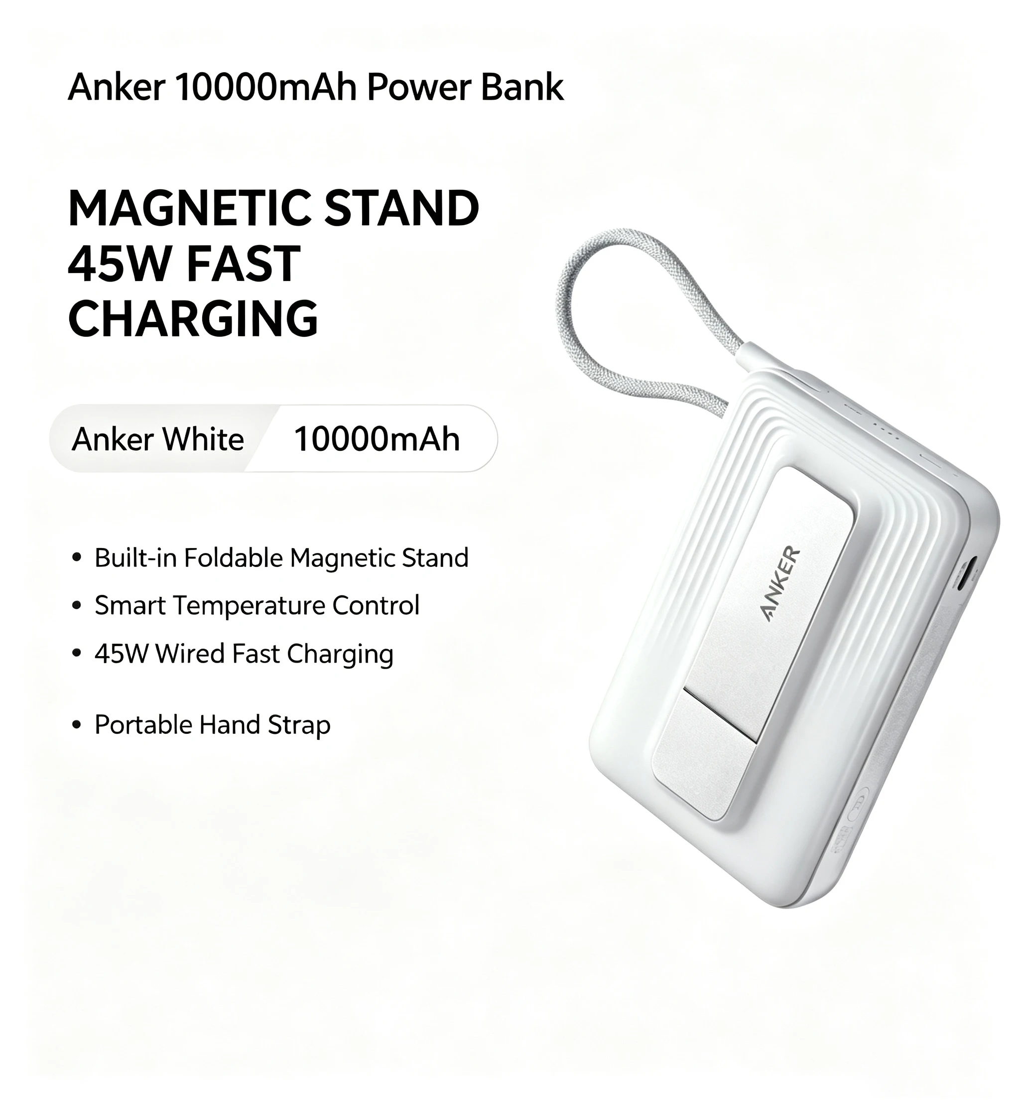 45W Magnetic Power Bank 10000mAh Built-in USB-C Cable & Kickstand Pocket-Sized Fast Charging Portable Charger for iPhone 17 iPad