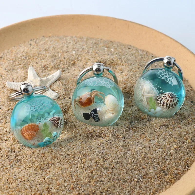 Ocean Crab Starfish Amber Keychain Seaside Travel Gift Beach Wave Souvenir Shell Jewelry Pendant