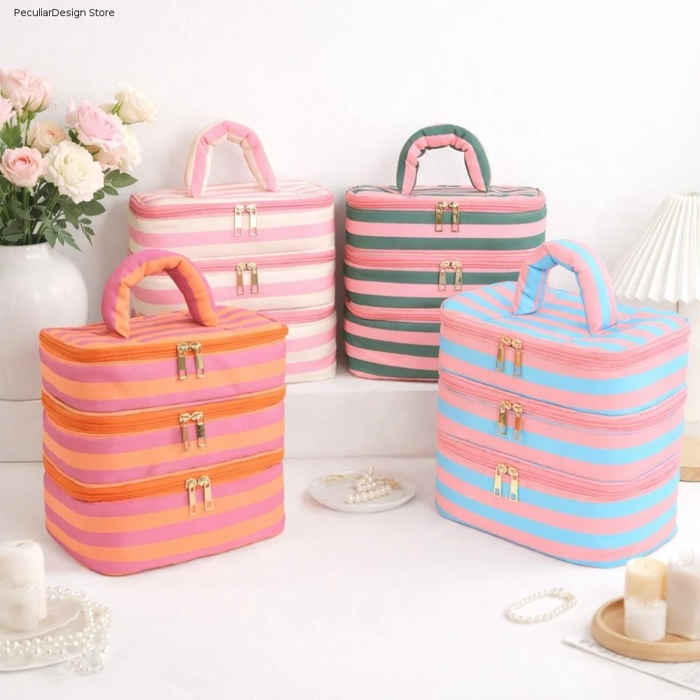 Polyester Multi-Layer Cosmetic Bag Large Capacity Macaron Color Striped Toiletry Bag Portable Handheld Travel Storage Bag