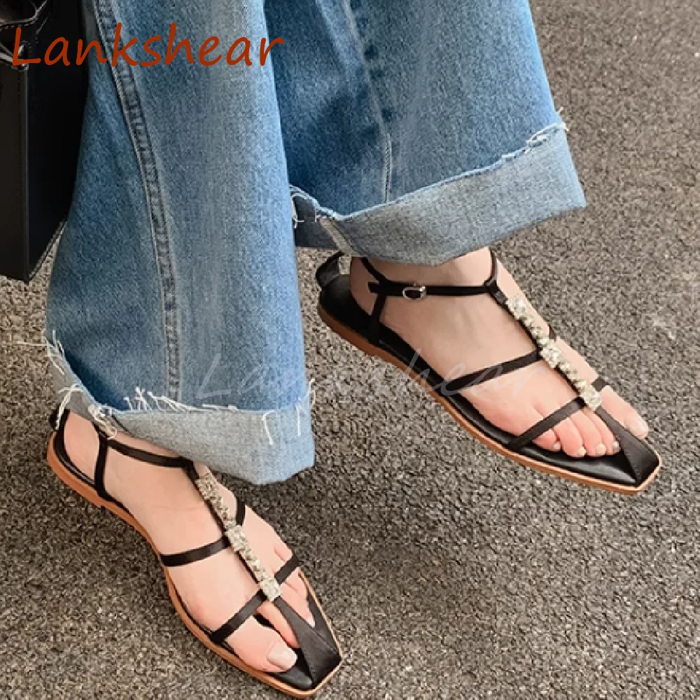 

T-tied Square Toe Women Sandals Fashion Flat Sole Slingback Solid Buckle Strap Rhinestone Summer Casual Women Shoes New Arrivals