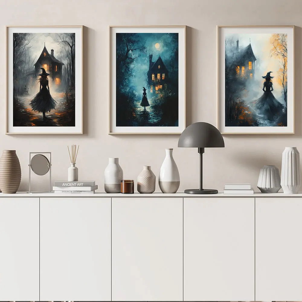 Vintage Moody Witches Wall Art Print Rustic Witch Posters Spooky Dark Academia Gothic Victorian Canvas Painting Halloween Decor