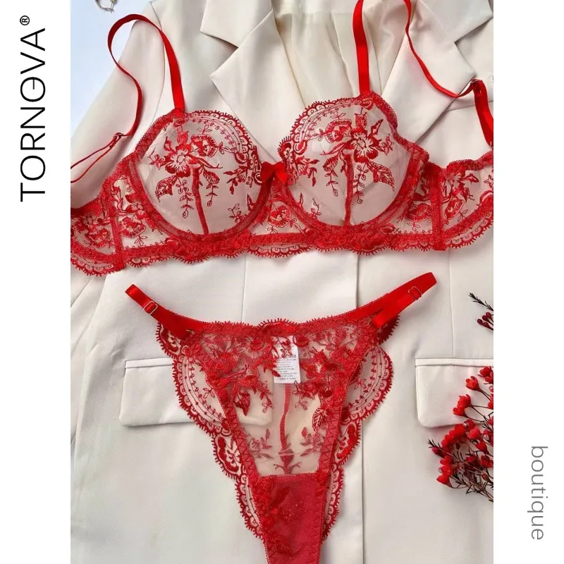 

Tornova Sexy Lingerie Panty Embroidery Floral See-through Lace Slim Exposed Navel Girl Interesting Romantic Hollow Underwear Set
