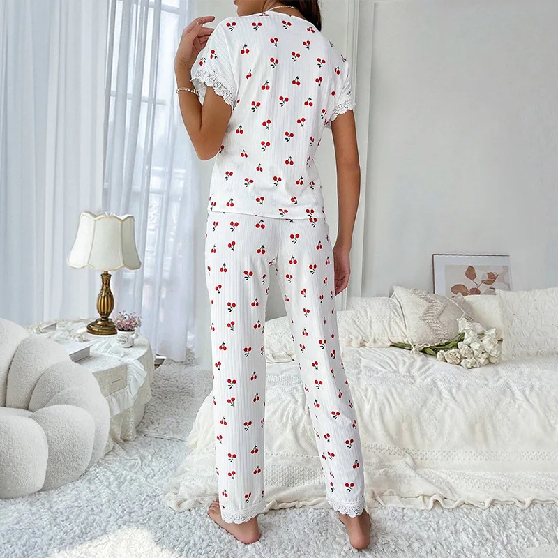 Women\'s Cherry Embroidered Lace Pajamas Short Sleeve V-Neck Set Casual Daily Wear 2 Piece Sleepwear Suit Sexy Home Clothes 2024