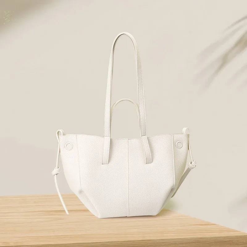 Brown Wing Design Tote Bag with Contrast Stitching Pebbled Leather Top Handle Shoulder Bag Structured Base with Side Drawstring