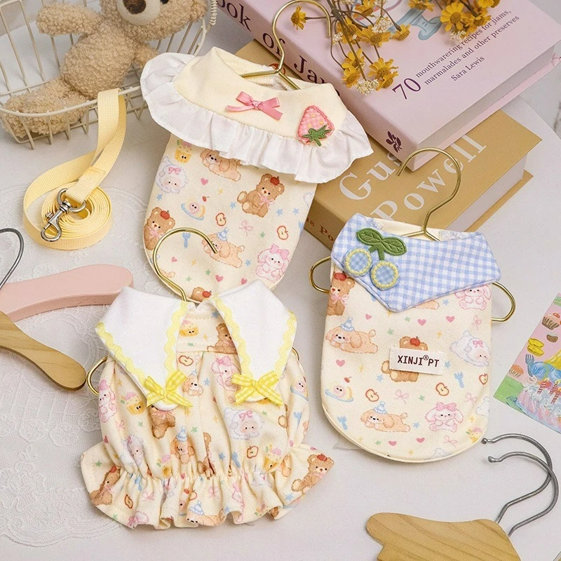 Pet Coats Cute Navy Collar Strawberry Pet Clothing Soft Breathable Bear Print Dog Vest for Small Dog Teddy Yorkshire Chihuahua