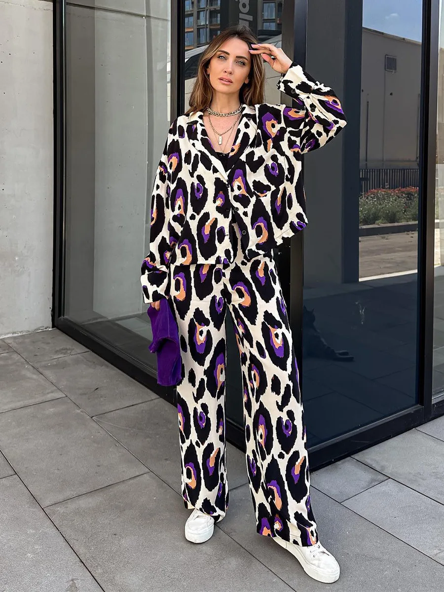 Leopard Print High Waist Wide Leg Pants Sets Suit Long Sleeve V-neck Shirts Top And Pant Fashion Street Loose Women Outfits