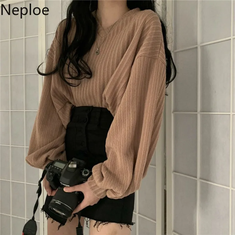 Neploe V Neck Lantern Long Sleeve Knit Pullover Sweater Women Retro Loose Crazy Style Short Mutlicolor Pull Femme Autumn 48271