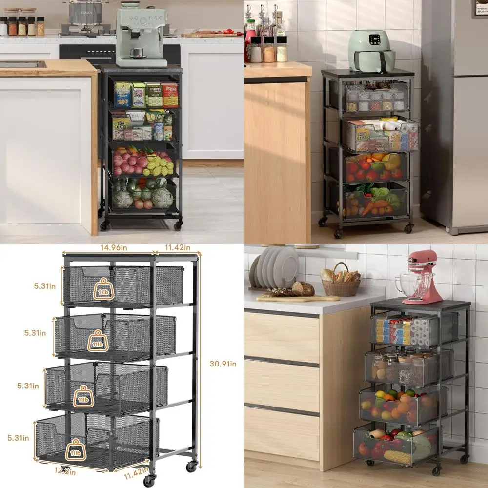 

Kitchen Storage Cart with 4 Tiers, Wooden Top & Metal Wire Rack, Rolling Organizer for Fruits, Vegetables, Cans & Snacks