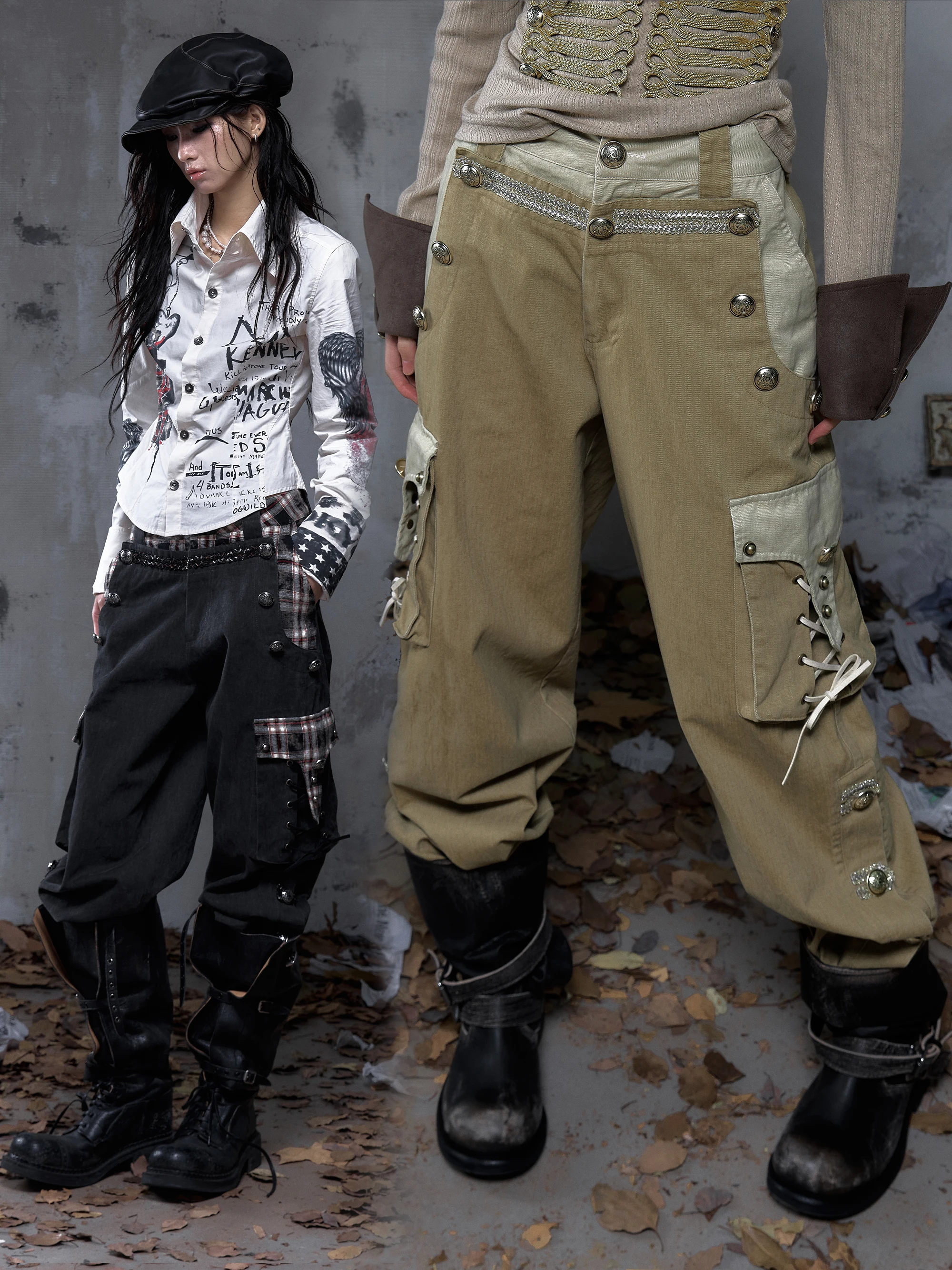 

Женские повседневные брюки из хлопка в стиле ретро-панк: свободные, длинные, с нашивками, в стиле рабочей одежды, с элементами пэчворка, вдохновленные образом Наполеона.