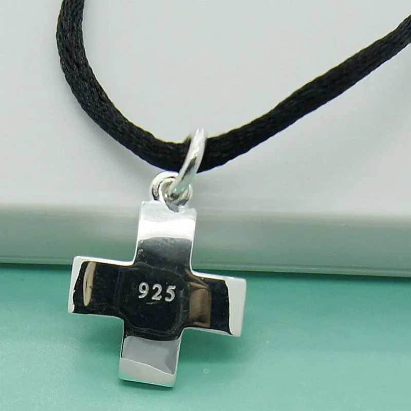 

Religious Belief Cross Pendant Necklace 925 Silver Necklace Black Rope With Chain Men & Women Jewelry Gift