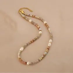 Minar Retro Colorful Natural Stone Crystal Freshwater Pearl Strand Beaded Necklace for Women 14K Real Gold Plated Copper Chokers