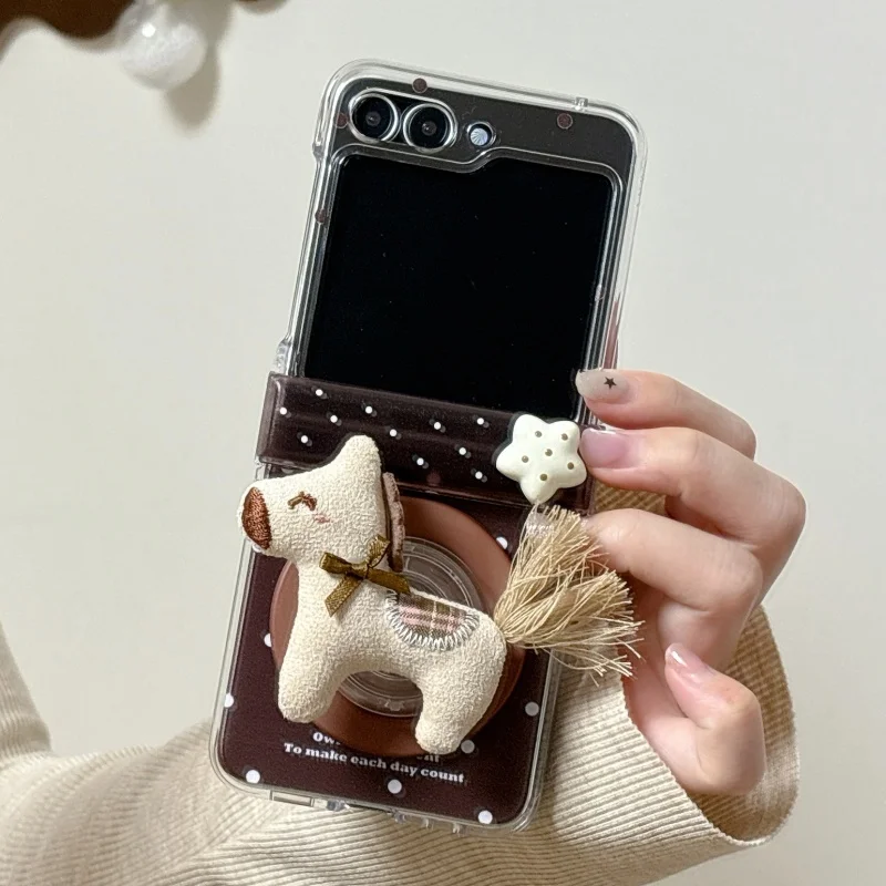 Korean Brown Polka Dot Magnetic Phone Case For Samsung Galaxy Z Flip 7 6 5 Z Flip6 Flip7 Cover with Magsafe Stand Hinge Cases