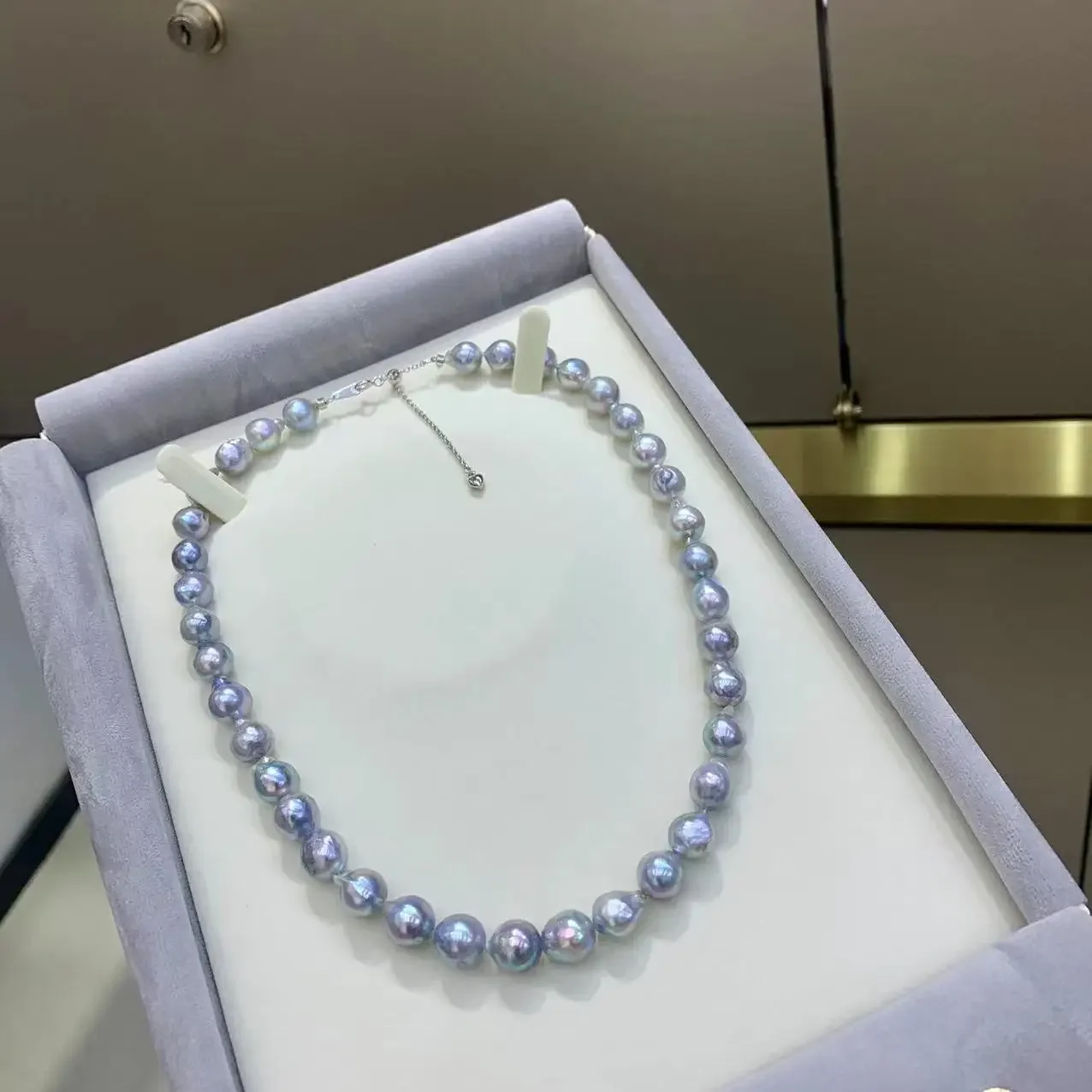 8-10MM Seawater Baroque Akoya Pearl Necklace Premium Gray-blue Strong Light High-end Necklace