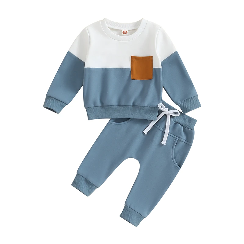 

Toddler Boys Fall Outfits Contrast Color Pocket Long Sleeve Sweatshirts and Solid Color Long Pants 2Pcs Clothes Set