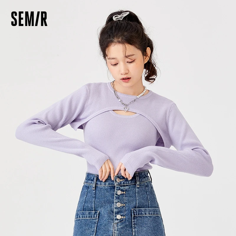 Semir Knitted Sweater Women Slim Two-Piece Set Hollow 2023 Winter New Suspender Solid Color Inner Pullover