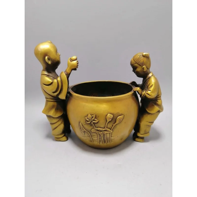 Antique Thickened Figurine of a Boy Holding a Vase, Brass Home Living Room Decoration
