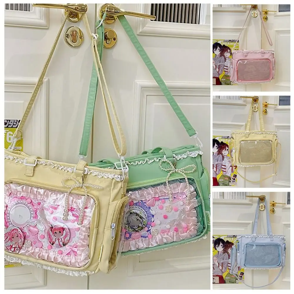 

Lace Beading Lolita Ita Bag Soft Material Japanese Style JK Uniform Tote Bag Transparent Window Shoulder Strap