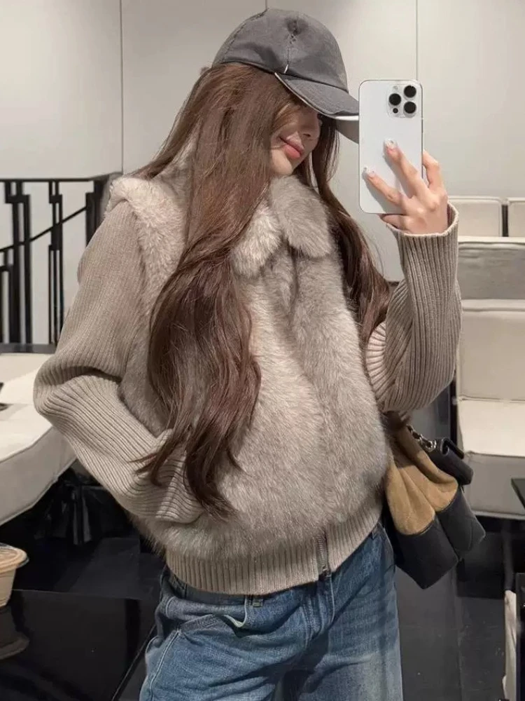 2026 Streetwear Fluffy Patchwork Knitted Warm Jackets Y2k Aesthetic Casual Loose Pocket Tops Harajuku Grunge Zipper Coats Women