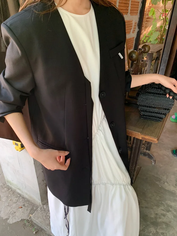 TLXT 솔리드 컬러 정장 재킷 여성용 v 넥 긴 소매 싱글 브레스트 리본 디자인 루스 코트 2025 Spring New XK1021