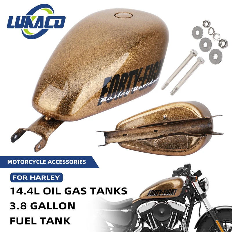 

Gold Motorcycle Metal Fuel Tank 14.4L Large Capacity Gas Tanks Injected For Harley Sportster XL48 883 1200 Forty-eight 2007-UP