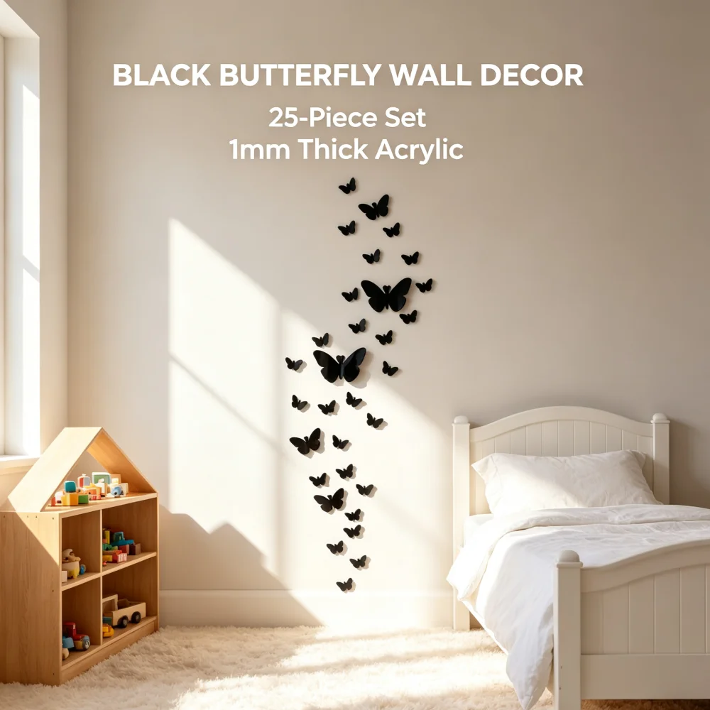 3D Mirror Acrylic Butterfly Wall Decals, Black DIY Splicable Butterfly Wall Stickers, Stereoscopic Art Ornament for Home & Kids Room Interior Decor, 25 Count(2 Large,3 Medium,20 Small)