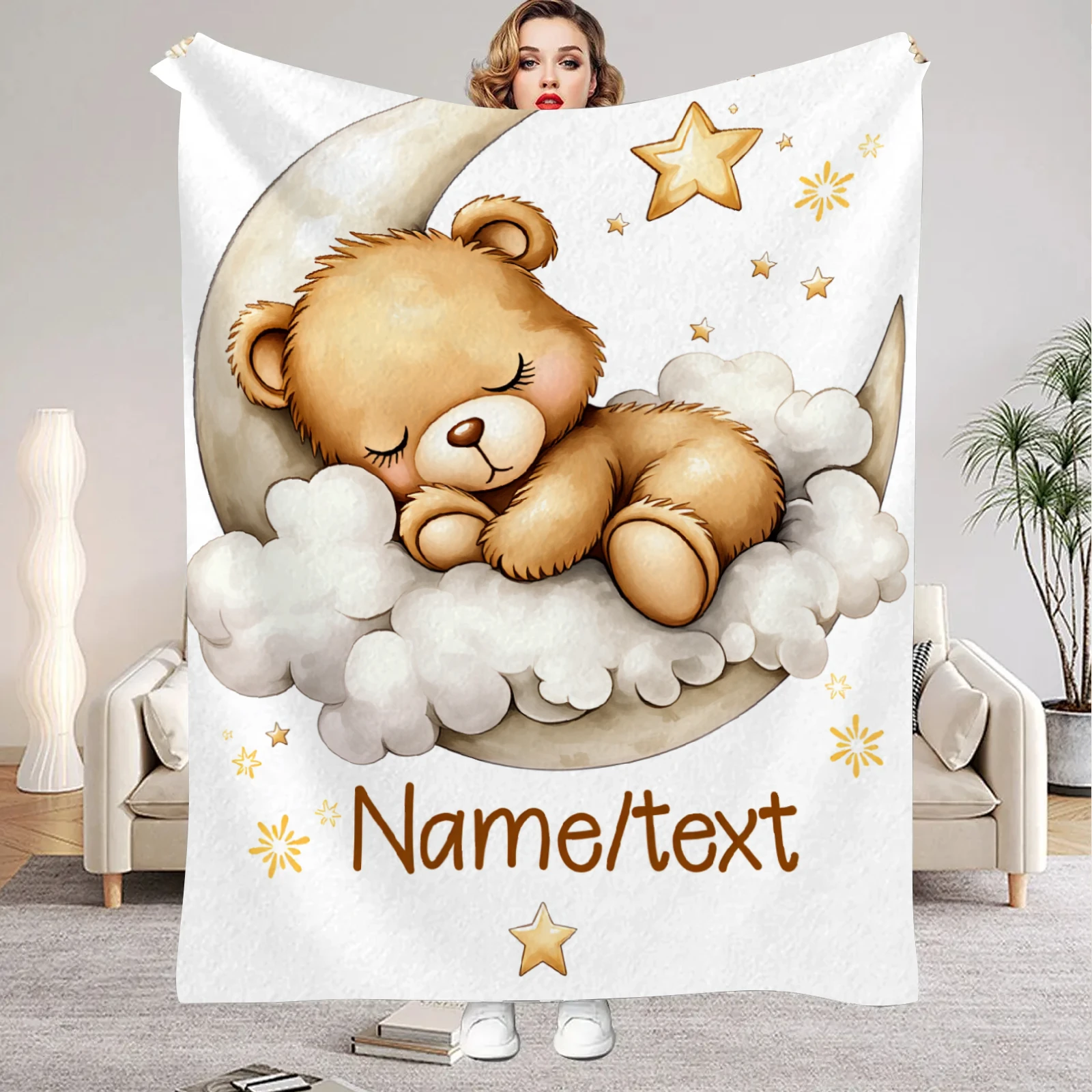Cute Teddy Bear Blanket With Name Customized Flannel Blanket For Kids Boys Girls Soft Birthdays Gifts Home Bed Sofa Decor