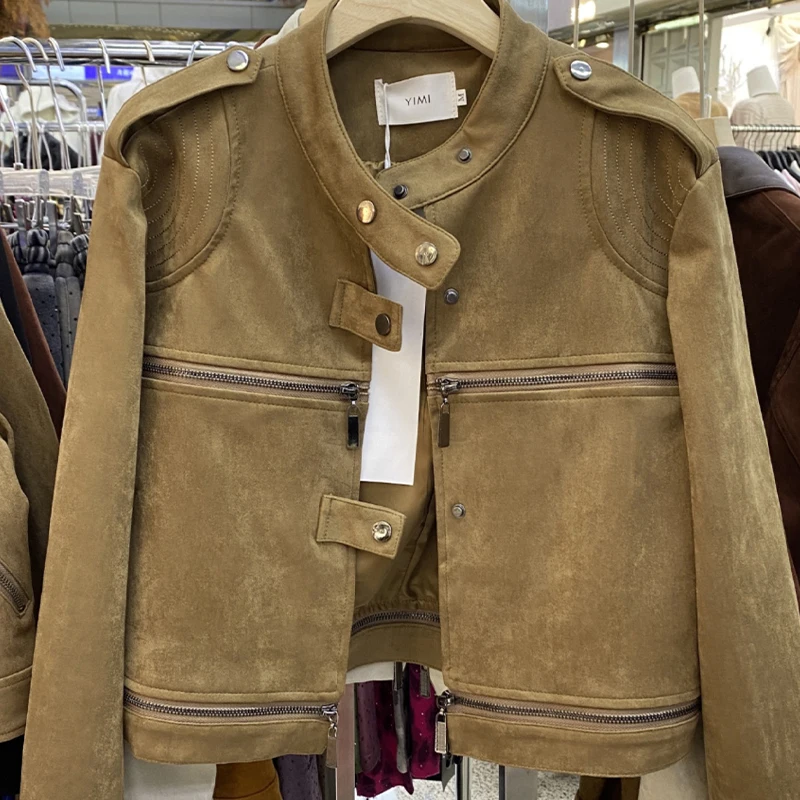 

Suede Stand Collar Coats For Women Autumn Daily Commuting All Match Jackets Long Sleeve Zipper Design Short Outerwear
