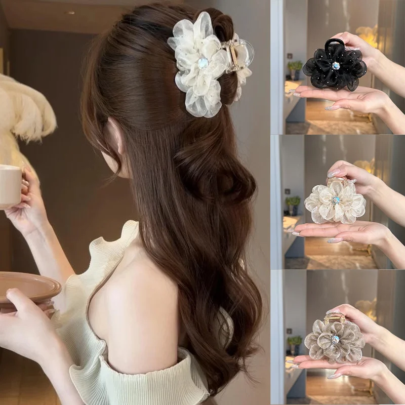 

Заколка для волос со стразами для женщин, элегантный корейский стиль, сетчатый зажим с цветком в виде акулы, модная заколка для хвоста для девочек, зажим для волос