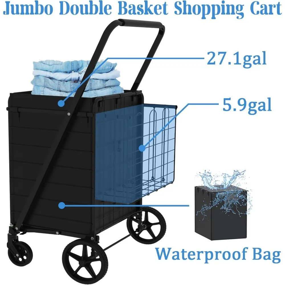 Carro de compras plegable resistente para comestibles a granel con ruedas giratorias de 360 grados, carro de gran capacidad, bolso impermeable, util portátil