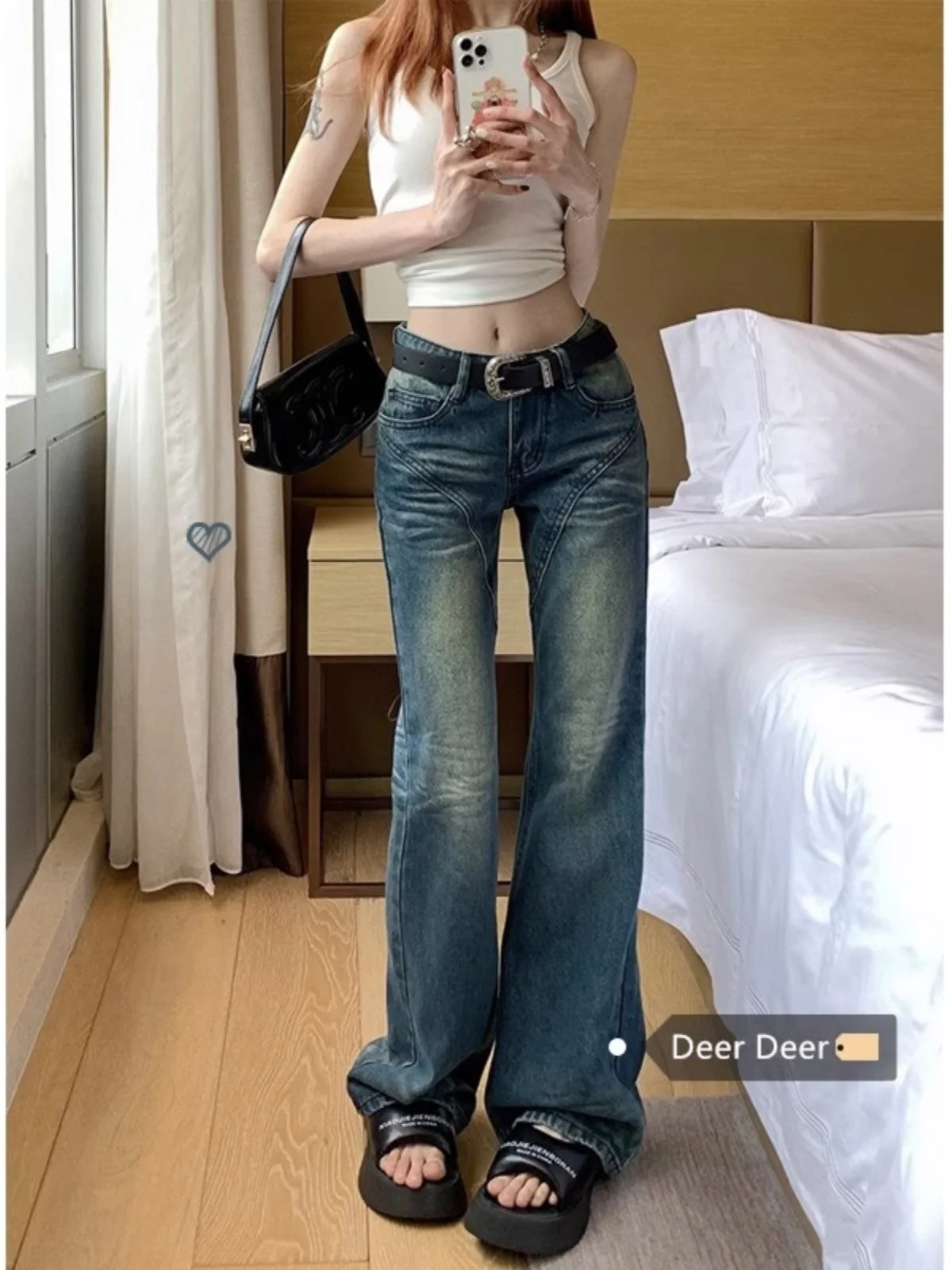 

American Style Retro Low Waist Bell Bottom Jeans Women's Spring Autumn plus Size Loose Slimming Floor Length Trendy