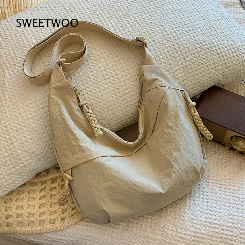 Vintage Wrinkle Nylon Hobo Bag Women Large Capacity Casual Travel Crossbody Shoulder Bag With Braided Zipper Pull