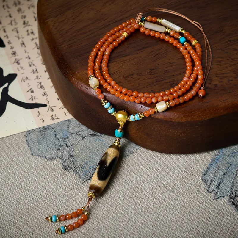 New Chinese-style Southern Red Agate Necklace, Collectible Ornament, Tiger Tooth Dzi Bead, Fish Bone, Original Design, Tradition