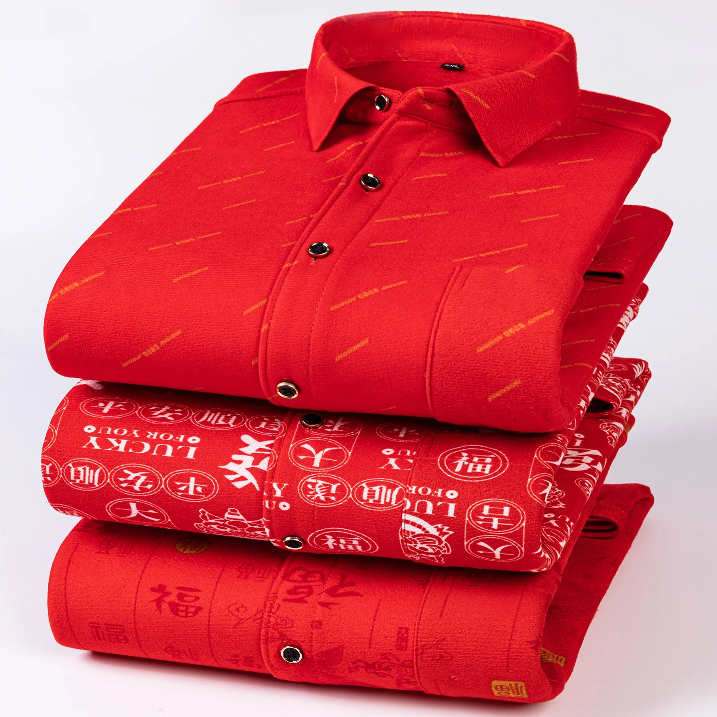 Overdsized 8XL 7XL Printed Shirts For Men Winter Casual Red China Festive Style Thick High Quality Autumn Soft Fleece Warm Shirt