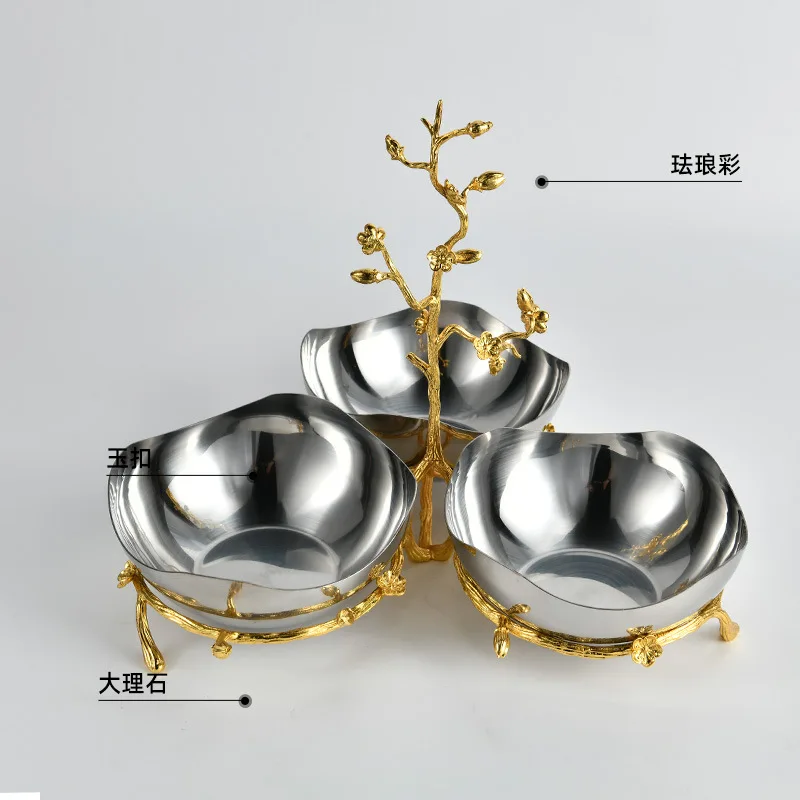فيلا فاخرة خفيفة فروع ذهبية أوراق فضفاضة ثلاثة شبكات أطباق فاكهه من الفولاذ المقاوم للصدأ طبق سلطة أوروبي فاخر خفيف #4