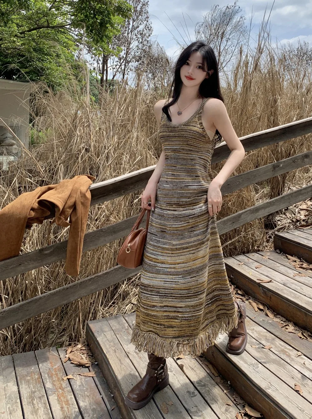 Vestido Halter listrado retrô para mulheres, vestido longo Tassel, Primavera, 2024
