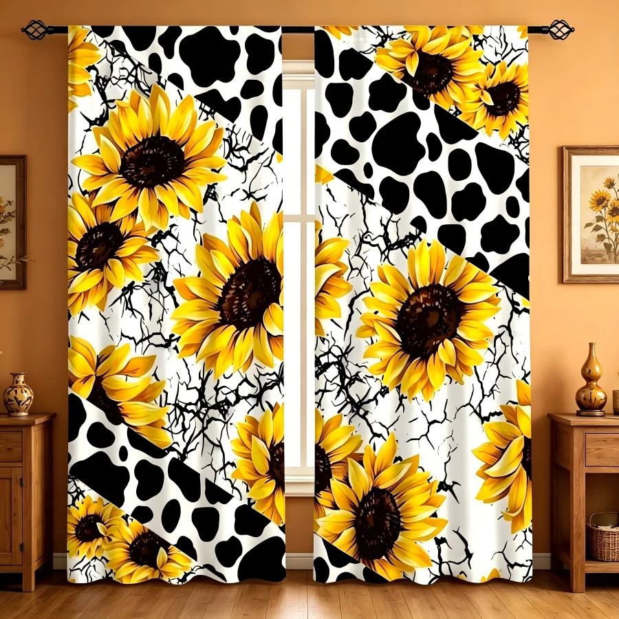 2PCS Digital Print  Curtain, Golden Sunflower Cow Print, Aesthetic Room Decor  Curtain for Apartment Dorm Bedroom