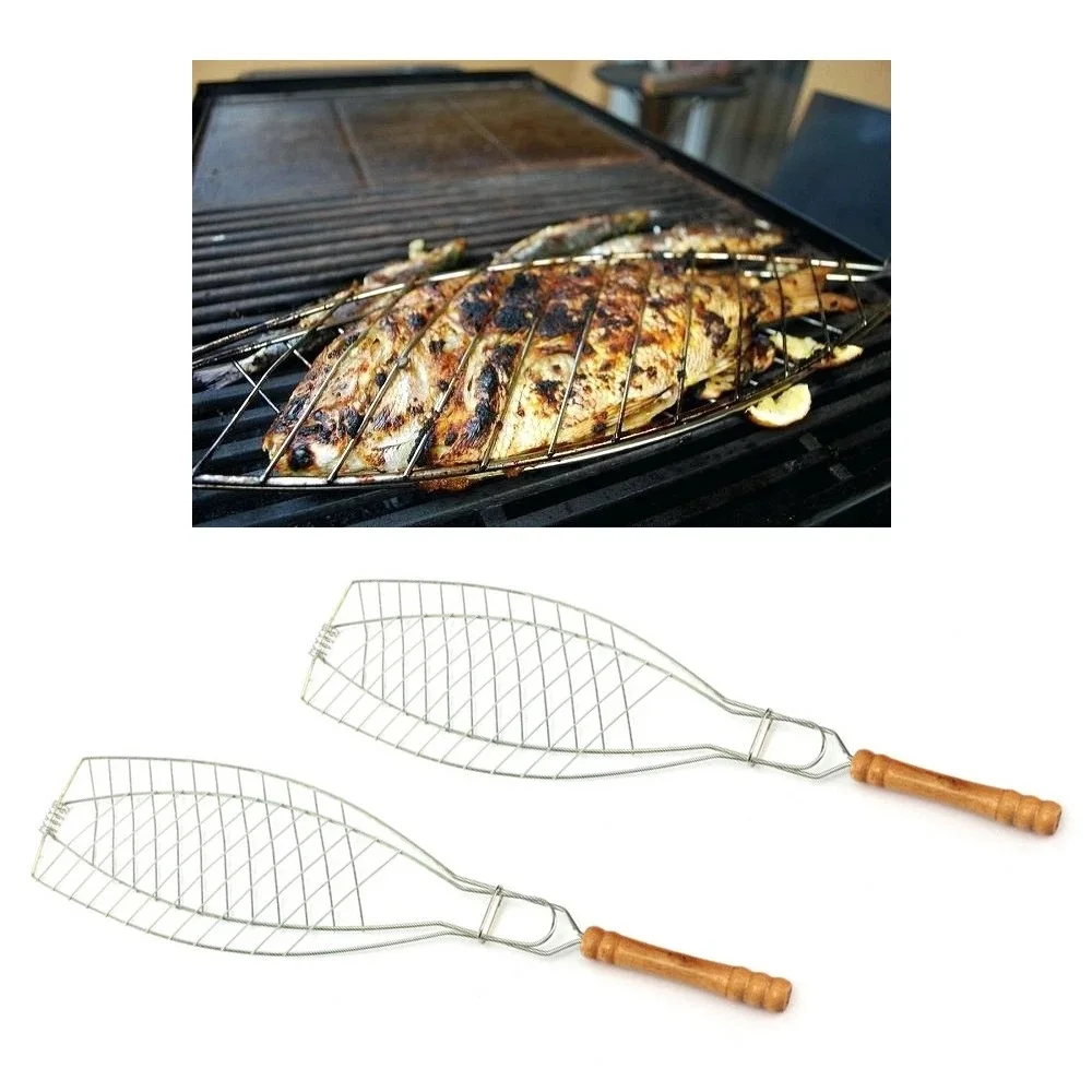 Parrilla portátil para barbacoa, cesta para pescado, carne, verduras, resistente, 2 uds.