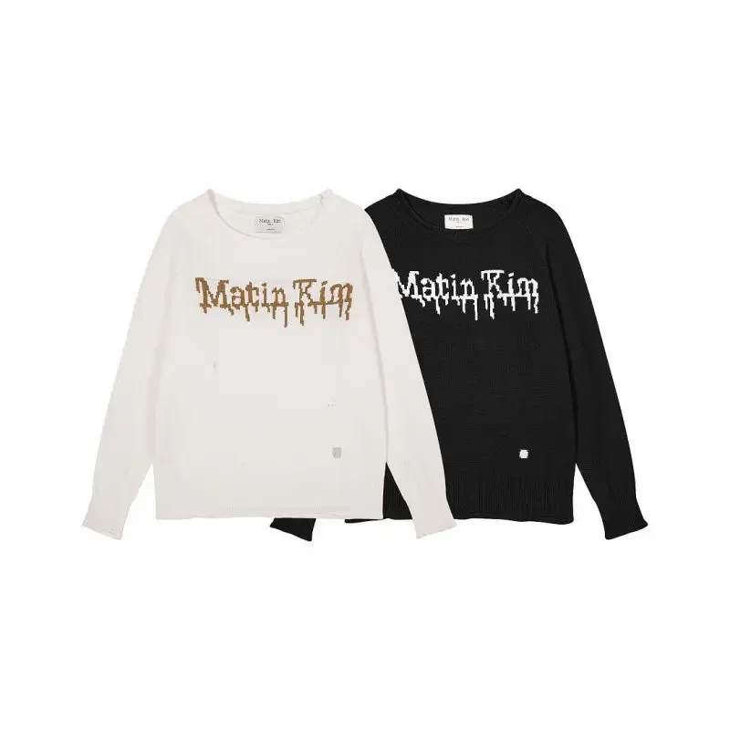 Matin Kim Off Shoulder Distressed Logo Knit Pullover Asymmetric Sweater Fall Winter Korean