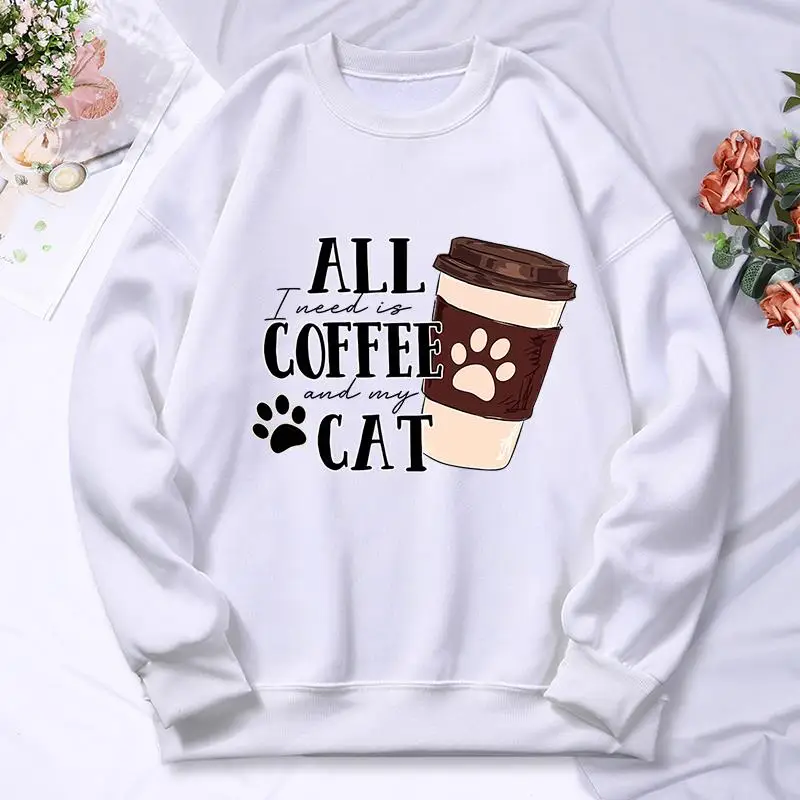 All Coffee Cat Print Hoody Womens Autumn Warm Comfortable Sweatshirt Simple Oversize Hoodie Street Casual Versatile Top Female