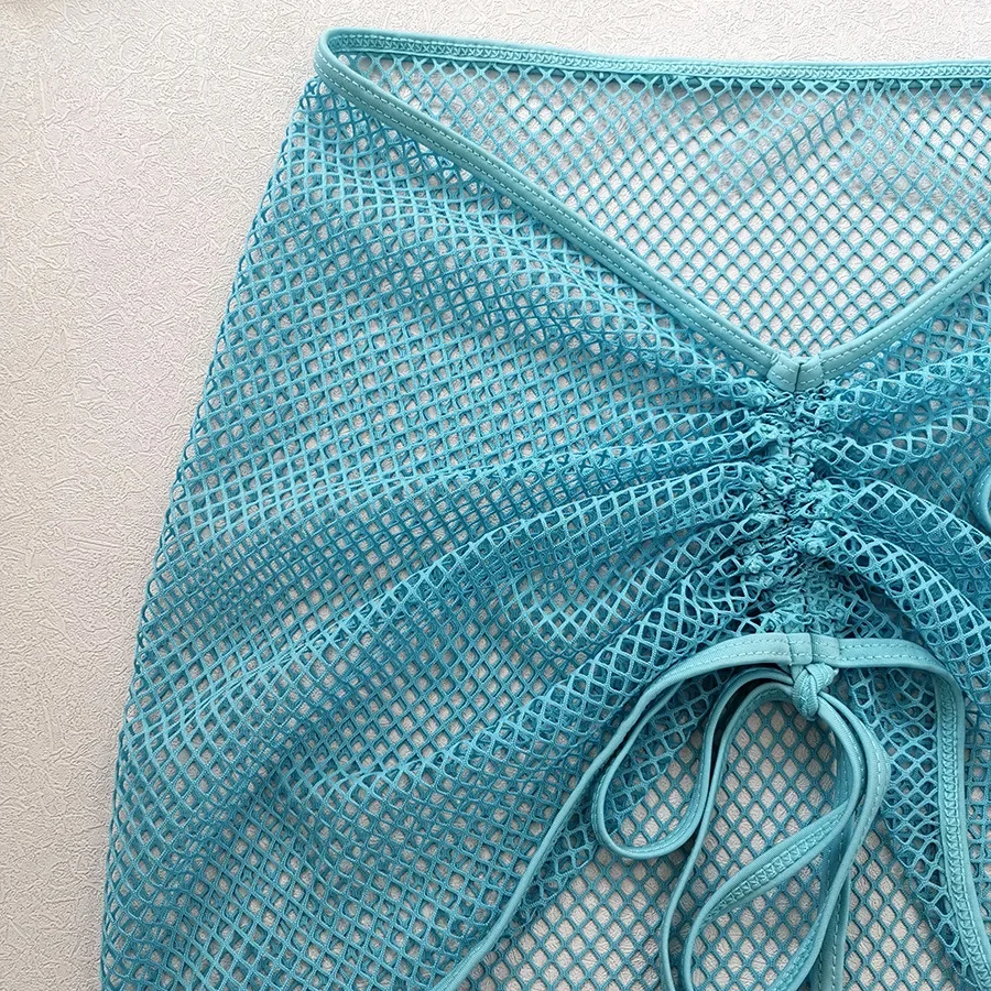 Sexy azul celosía malla Halter Micro Mini Bikinis conjuntos 3 piezas con cordón mini falda traje de baño traje de baño Biquini