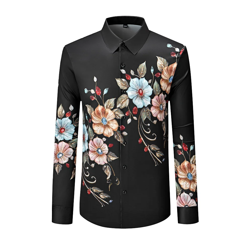 

Flower Rhinestone Long Sleeved Shirt for Men Casual Business Dress Shirts Luxury Social Banquet Party Stage Performance Costume